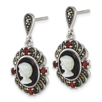Sterling Silver Antiqued Marcasite and Garnet with Black Agate and Mother of Pearl Cameo Dangle Post Earrings - Birthstone Company
