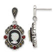 Sterling Silver Antiqued Marcasite and Garnet with Black Agate and Mother of Pearl Cameo Dangle Post Earrings