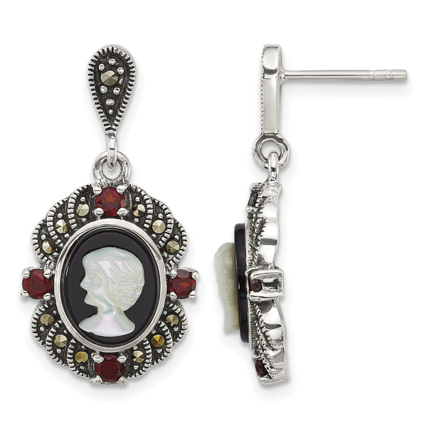 Sterling Silver Antiqued Marcasite and Garnet with Black Agate and Mother of Pearl Cameo Dangle Post Earrings - Birthstone Company