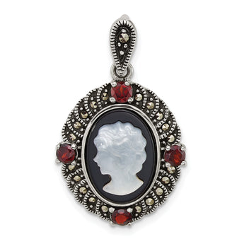Sterling Silver Antiqued Marcasite and Garnet with Black Agate and Mother of Pearl Cameo Pendant - Birthstone Company