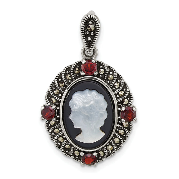 Sterling Silver Antiqued Marcasite and Garnet with Black Agate and Mother of Pearl Cameo Pendant - Birthstone Company