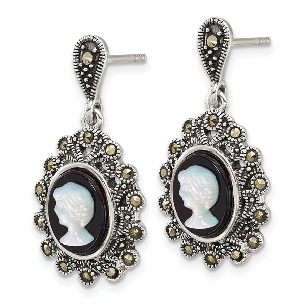 Sterling Silver Antiqued Marcasite with Black Agate and Mother of Pearl Cameo Dangle Post Earrings - Birthstone Company