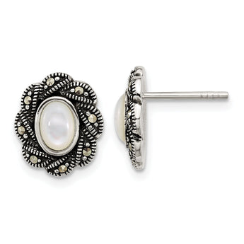 Sterling Silver Antiqued Marcasite and Mother of Pearl Oval Fancy Post Earrings