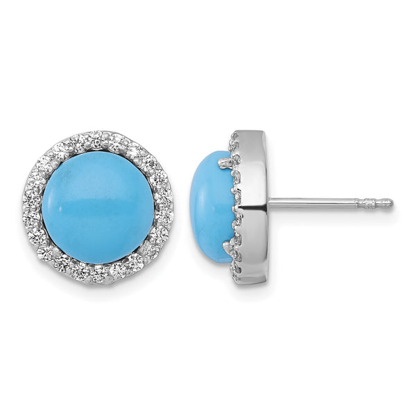 Sterling Silver Rhodium-plated Polished CZ Halo and Reconstituted Turquoise Cabochon Circle Post Earrings - Birthstone Company