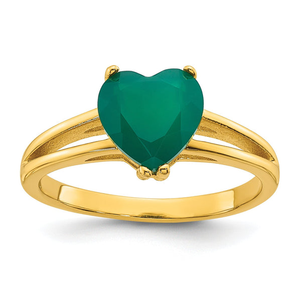 Sterling Silver Gold-tone Polished Green Chalcedony Heart Ring, Size 6–8