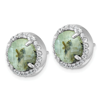 Cubic Zirconia Halo Prehnite Circle Stud Earrings in Sterling Silver, 13.4mm