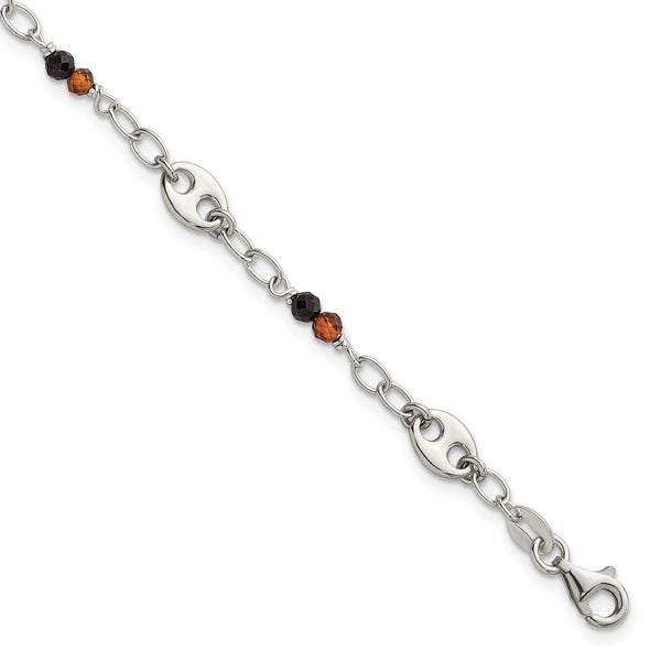Sterling Silver Polished and Beaded Garnet and Spinel Fancy Link 7.5 inch Bracelet - Birthstone Company