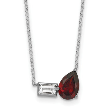 Sterling Silver Rhodium-plated Polished Pear Garnet and Emerald-cut White Topaz 16 Inch with 2 Inch Extension Necklace - Birthstone Company
