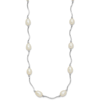 Sterling Silver Rhodium-plated 6-7mm White Rice Freshwater Cultured Pearl 16-Station 18 inch Necklace - Birthstone Company