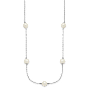 Sterling Silver Rhodium-plated 7-8mm White Near-Round Freshwater Cultured Pearl 7-Station 17 inch with 2 inch Extension Necklace - Birthstone Company