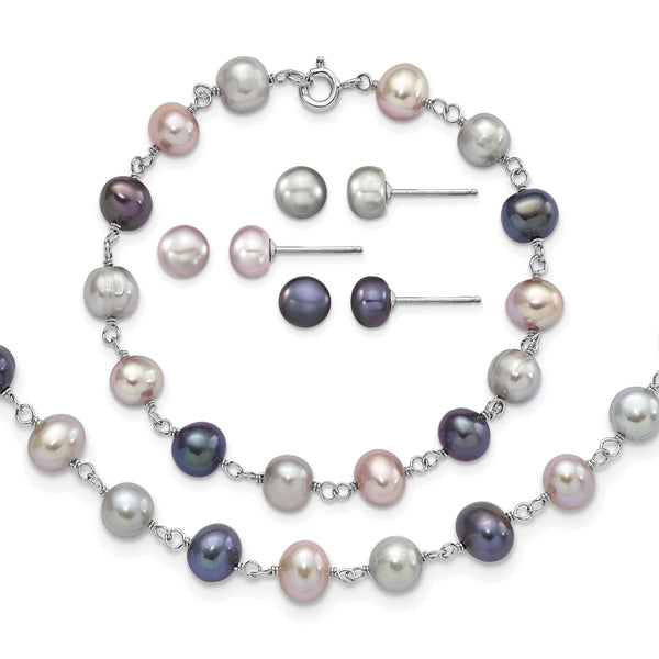 Sterling Silver Rhodium-plated 6-7mm Grey, Pink and Black Semi-Round Freshwater Cultured Pearl 18 inch Necklace, 7.25 inch Bracelet and 3-piece Button Post Earrings Set - Birthstone Company