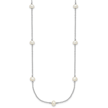Sterling Silver Rhodium-plated 4-5mm White Near Round Freshwater Cultured Pearl 9-station 16 inch Necklace