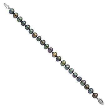 Sterling Silver Rhod-plated 7-8mm Black FW Cultured Pearl Bracelet - Birthstone Company
