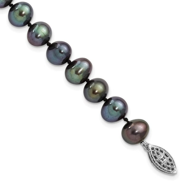 Sterling Silver Rhod-plated 7-8mm Black FW Cultured Pearl Bracelet - Birthstone Company