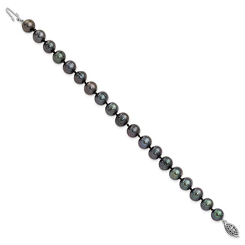 Sterling Silver Rhod-plated 8-9mm Black FWC Pearl Bracelet - Birthstone Company