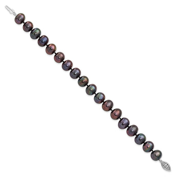 Sterling Silver Rhod-plated 9-10mm Black FWC Pearl Bracelet - Birthstone Company