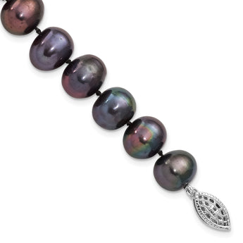 Sterling Silver Rhod-plated 9-10mm Black FWC Pearl Bracelet - Birthstone Company