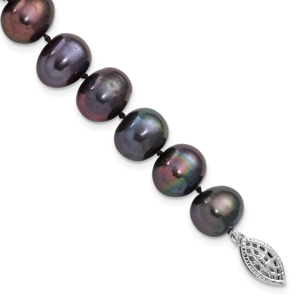 Sterling Silver Rhod-plated 9-10mm Black FWC Pearl Bracelet - Birthstone Company