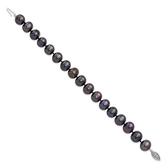 Sterling Silver Rhod-plated 10-11mm Black FWC Pearl Bracelet - Birthstone Company