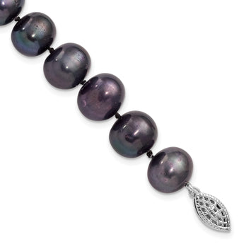 Sterling Silver Rhod-plated 10-11mm Black FWC Pearl Bracelet - Birthstone Company
