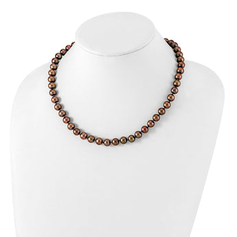 Sterling Silver Rhodium-plated 8-9mm Brown Near-Round Freshwater Cultured Pearl 18 inch Necklace - Birthstone Company