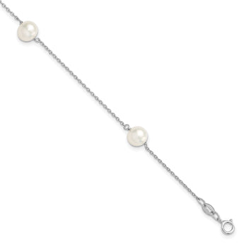 Sterling Silver Rhodium-plated 7-8mm White Semi-Round Freshwater Cultured Pearl 3-Station 7.5 inch Bracelet