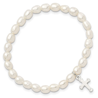 Sterling Silver Polished FWC Pearl & Cross Children's Stretch Bracelet - Birthstone Company
