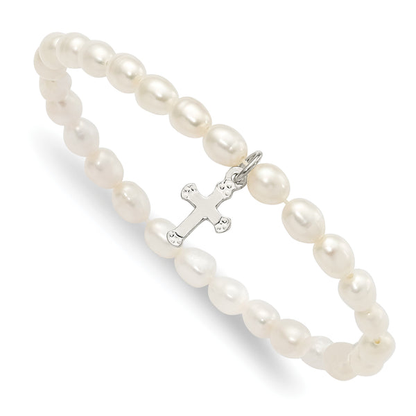 Sterling Silver Polished FWC Pearl & Cross Children's Stretch Bracelet - Birthstone Company