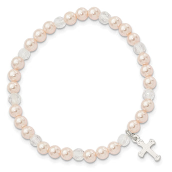 Sterling Silver Pink Shell Bead & Crystal Cross Children's Stretch Bracelet - Birthstone Company