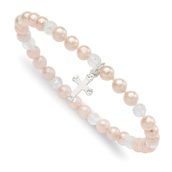 Sterling Silver Pink Shell Bead & Crystal Cross Children's Stretch Bracelet - Birthstone Company