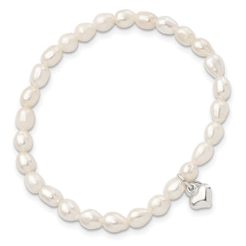 Sterling Silver Polished FWC Pearl & Heart Children's Stretch Bracelet - Birthstone Company
