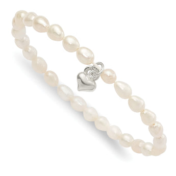 Sterling Silver Polished FWC Pearl & Heart Children's Stretch Bracelet - Birthstone Company