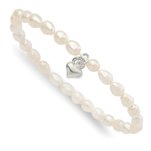 Sterling Silver Polished FWC Pearl & Heart Children's Stretch Bracelet - Birthstone Company
