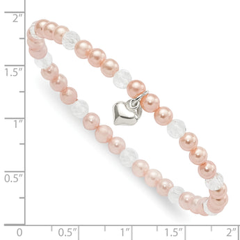 Sterling Silver Pink Shell Bead, Crystal & Heart Children's Stretch Bracele - Birthstone Company