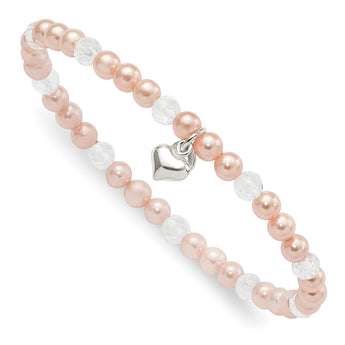 Sterling Silver Pink Shell Bead, Crystal & Heart Children's Stretch Bracele - Birthstone Company
