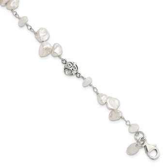 Sterling Silver FWC Keshi Pearl w/Moonstone 1in Ext. Fancy Bracelet - Birthstone Company