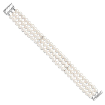 Sterling Silver Rhodium-plt 6-7mm White FWC Pearl 3 Strand Bracelet - Birthstone Company