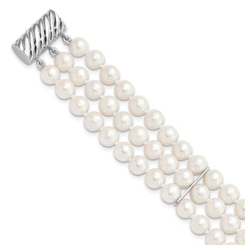 Sterling Silver Rhodium-plt 6-7mm White FWC Pearl 3 Strand Bracelet - Birthstone Company