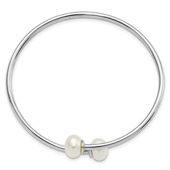 Sterling Silver Rhodium 9-10mm White FWC Pearl Flexible Cuff Bangle - Birthstone Company