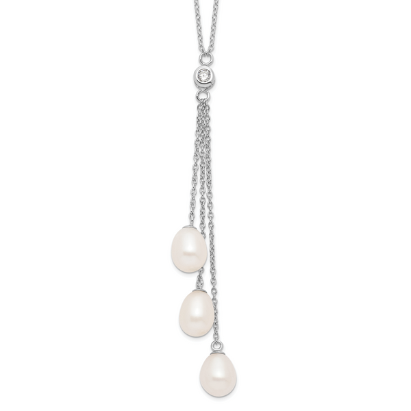 Sterling Silver Rhodium-Plated Pearl CZ Drop Necklace with Elegant Finish