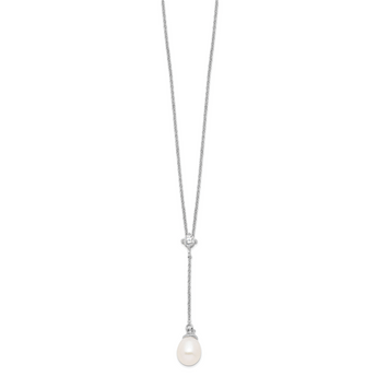 Sterling Silver 925 Polished Pearl CZ Drop Necklace Elegant Women's Jewelry