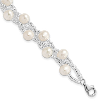 Sterling Silver Rhodium 7-9mm FWC Pearl & Glass Beaded Multi-strnd Bracelet - Birthstone Company