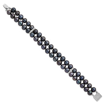 Sterling Silver RH 7-8mm Black FWC Pearl CZ 2-strand Bracelet - Birthstone Company