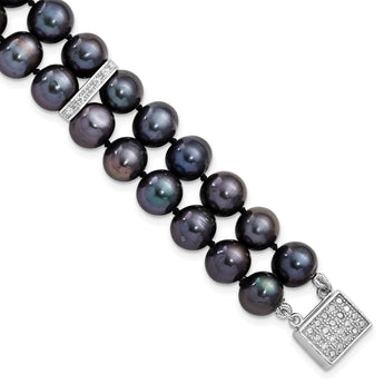 Sterling Silver RH 7-8mm Black FWC Pearl CZ 2-strand Bracelet - Birthstone Company