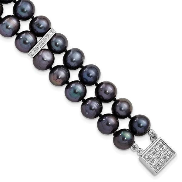 Sterling Silver RH 7-8mm Black FWC Pearl CZ 2-strand Bracelet - Birthstone Company