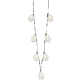 Sterling Silver Rhodium-Rhodium-Plated 7-8mm White Teardrop Freshwater Cultured Pearl 7-Station 17.5 inch Necklace - Birthstone Company
