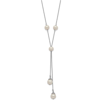 Sterling Silver Rhod-plat White FWC Pearl 9 station 2 drop 2in ext Necklace - Birthstone Company