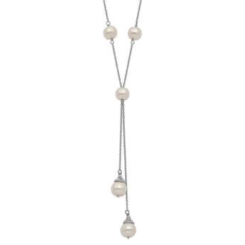 Sterling Silver Rhod-plat White FWC Pearl 9 station 2 drop 2in ext Necklace - Birthstone Company