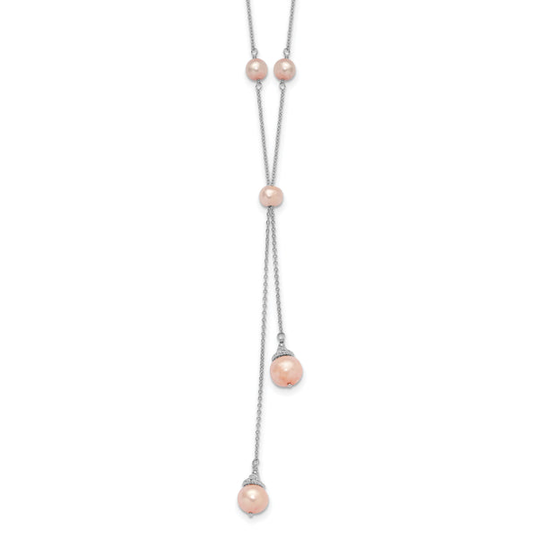 Sterling Silver RH-plated Pink FWC Pearl 9 Station w/2in ext Necklace