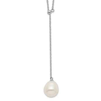 Sterling Silver Rhod-plat 10-11mm White Rice FWC Pearl Drop Necklace
